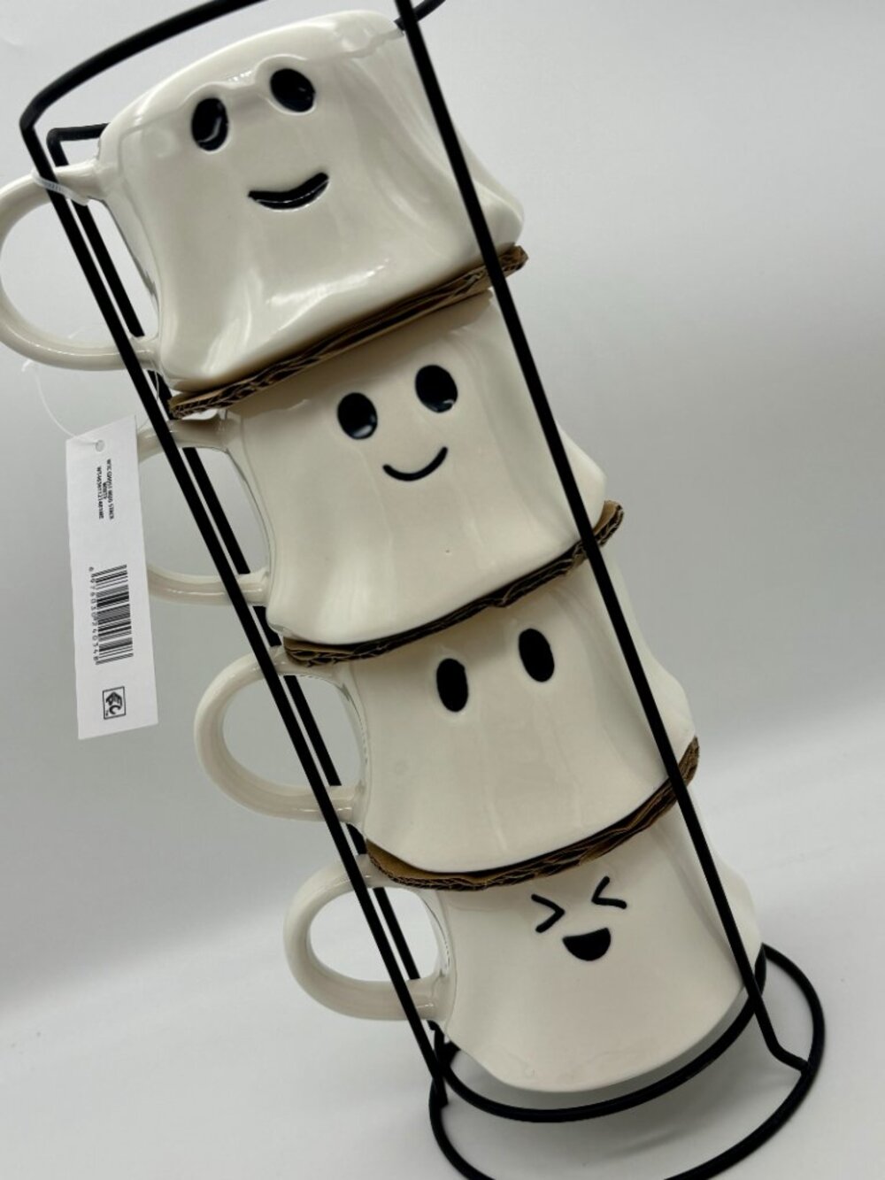 Way To Celebrate Halloween White Ghost Stoneware Stackable Mug Set w/ Iron Rack